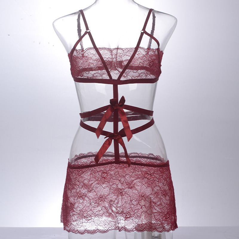 Sexy and interesting cut-out mesh see-through one-piece uniform, high-end sense, no-take lace women's spaghetti-strap nightgown underwear Specification image