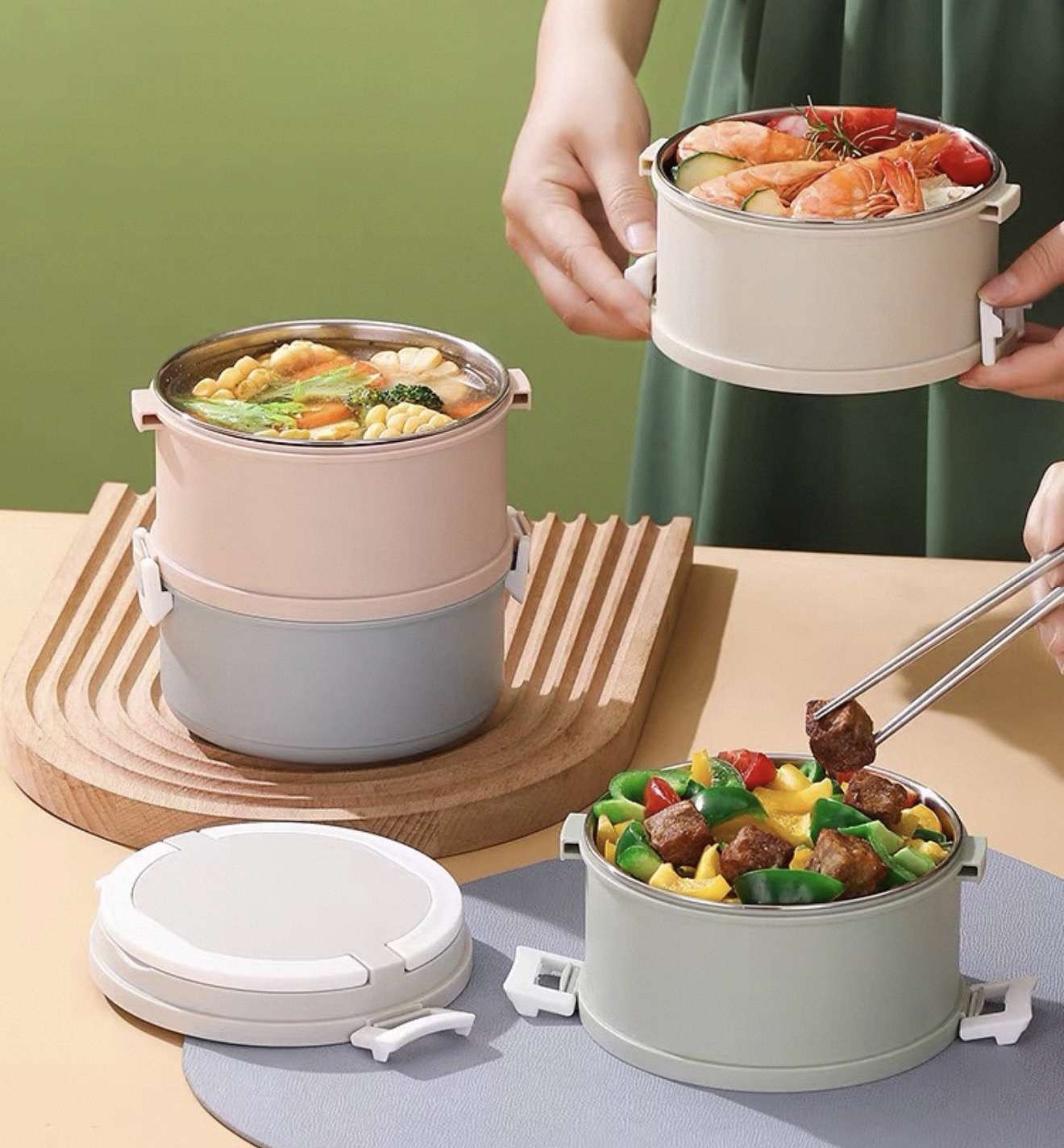 304 stainless steel plastic insulated round lunch box, sealed preservation box, double-layer portable compartments bento box, microwave oven Item Picture