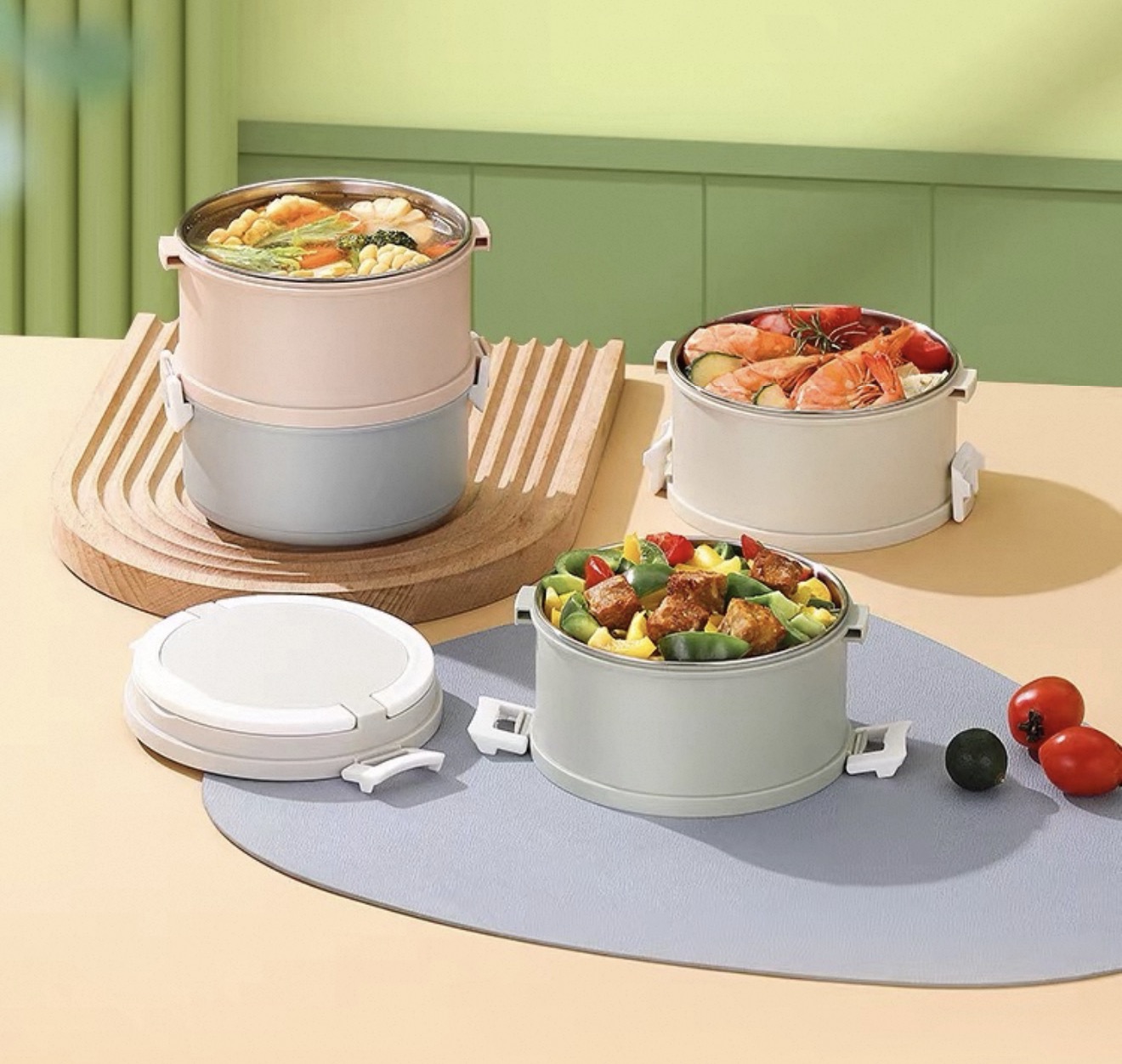 304 stainless steel plastic insulated round lunch box, sealed preservation box, double-layer portable compartments bento box, microwave oven Specification image