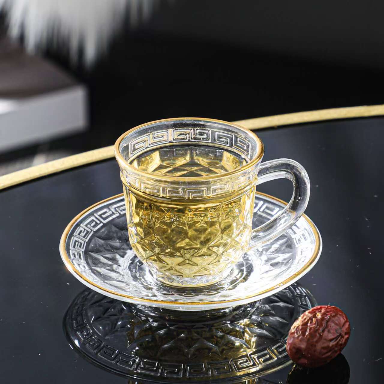 浮雕万字回纹玻璃茶杯套装防烫防滑中式下午茶茶具办公室居家泡茶颜值质感双在线杯碟套装锤纹鱼鳞纹LM162528393717产品图