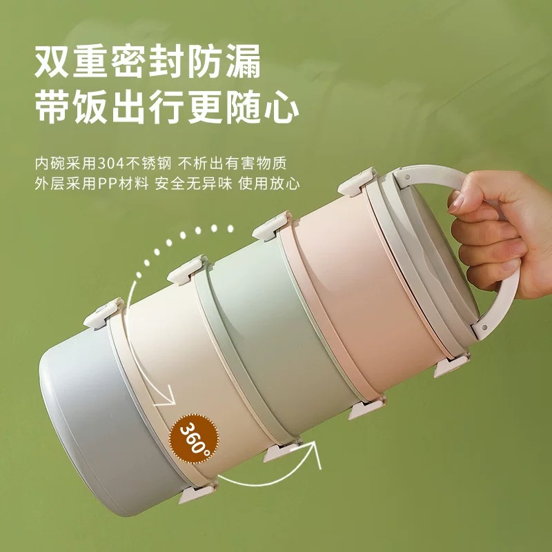 304 stainless steel plastic insulated round lunch box, sealed preservation box, double-layer portable compartments bento box, microwave oven details Picture