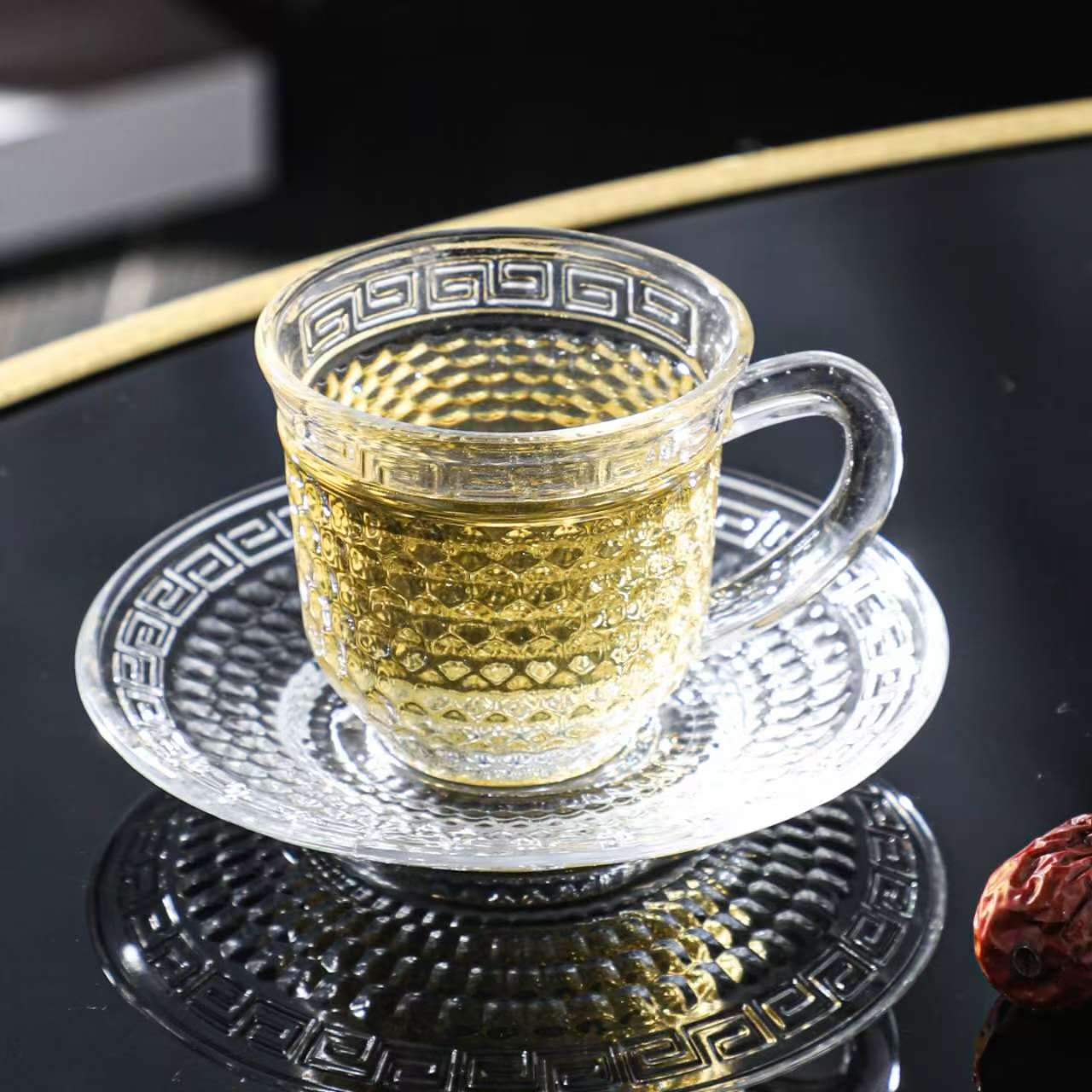 浮雕万字回纹玻璃茶杯套装防烫防滑中式下午茶茶具办公室居家泡茶颜值质感双在线杯碟套装锤纹鱼鳞纹LM162528393717细节图