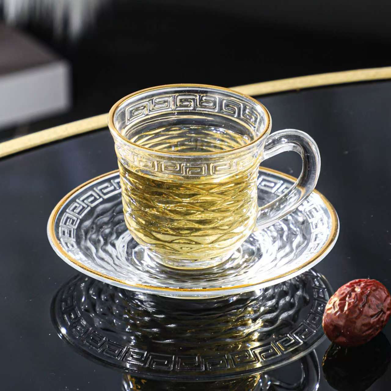 浮雕万字回纹玻璃茶杯套装防烫防滑中式下午茶茶具办公室居家泡茶颜值质感双在线杯碟套装锤纹鱼鳞纹LM162528393717详情图6