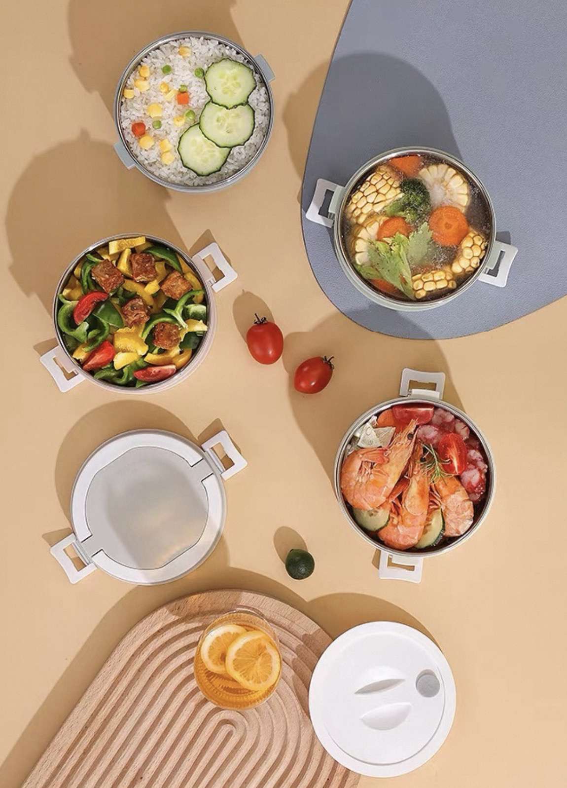 304 stainless steel plastic insulated round lunch box, sealed preservation box, double-layer portable compartments bento box, microwave oven Application Scenario
