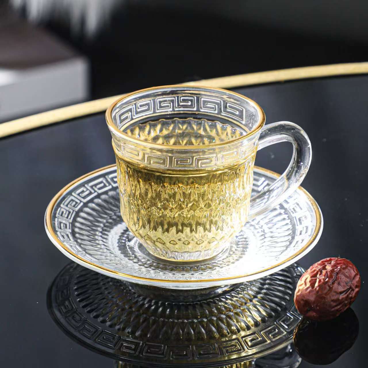 浮雕万字回纹玻璃茶杯套装防烫防滑中式下午茶茶具办公室居家泡茶颜值质感双在线杯碟套装锤纹鱼鳞纹LM162528393717详情图3