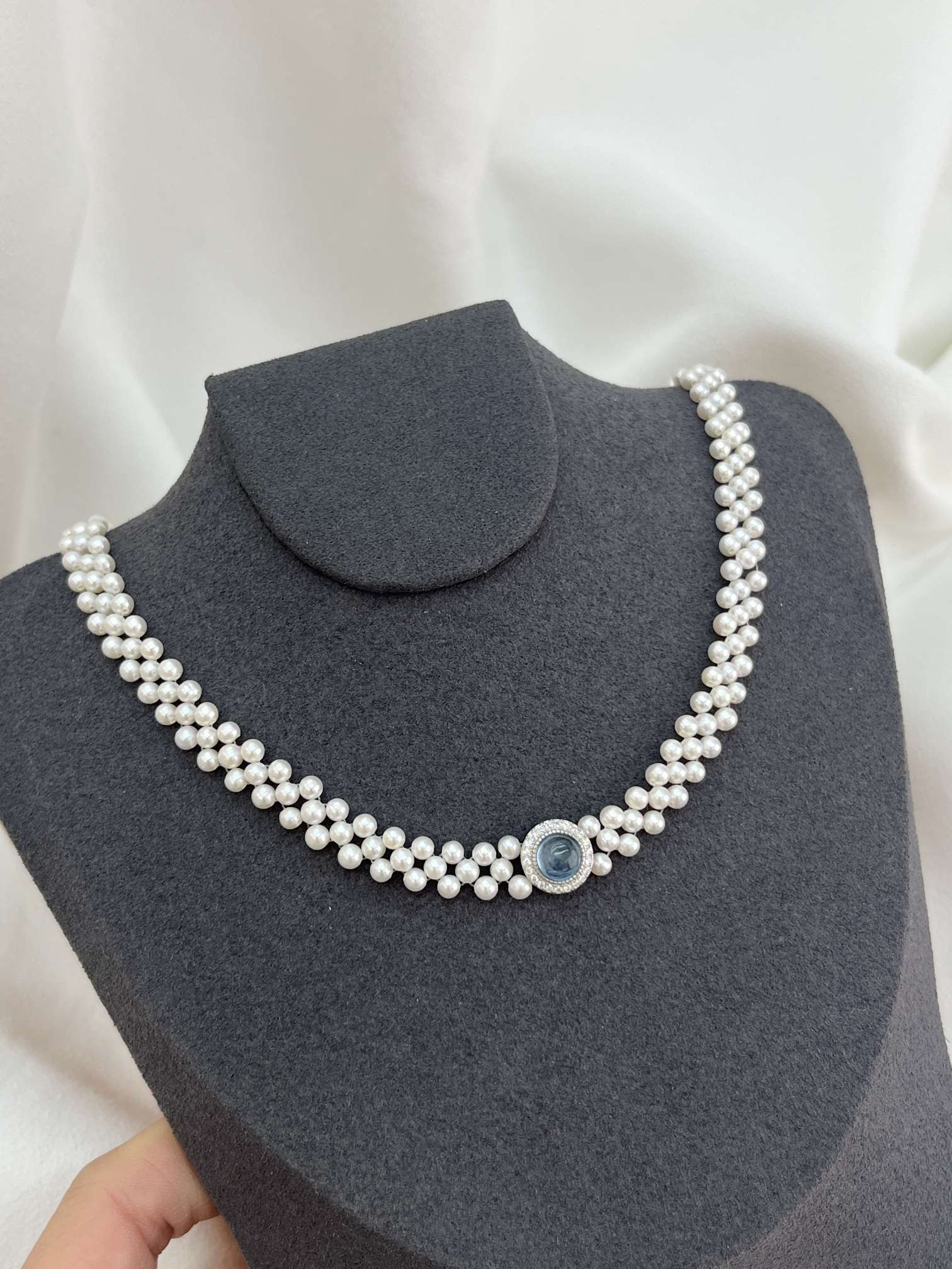 Silver Art Aquamarine high-end woven Pearl Necklace Bracelet Set, nearly round flawless round bead woven design, S925 sterling silver tail chain adjustable Specification image