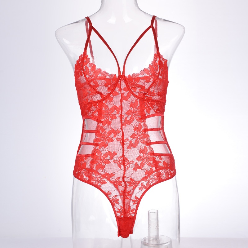 New mature and elegant lace halter jumpsuit, sexy lace cutout mesh deep V-neck lingerie, lace see-through lingerie Specification image