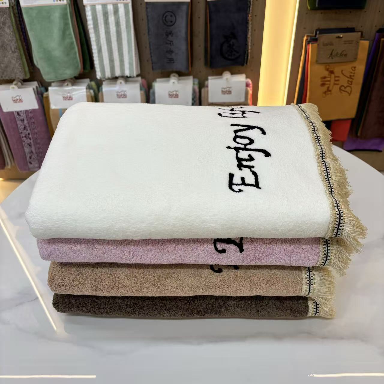 流苏边浴巾 吸水磨毛柔软礼品刺绣毛巾 跨境外贸浴巾