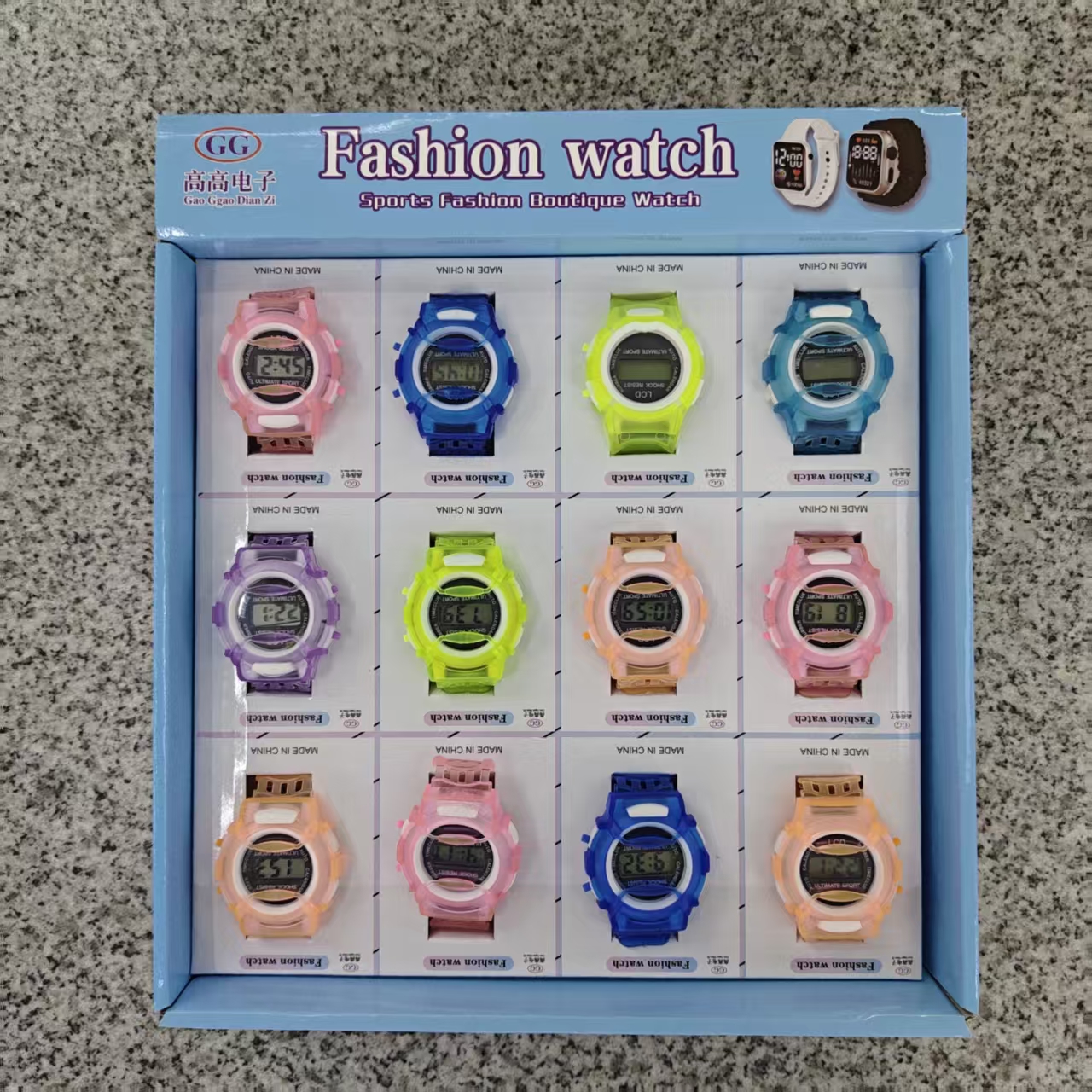 Colorful and fashionable electronic watches with a trendy and sporty style. Each box contains 12 pieces of color options to choose from. A must-have for youthful vitality. Wholesale from the manufacturer
