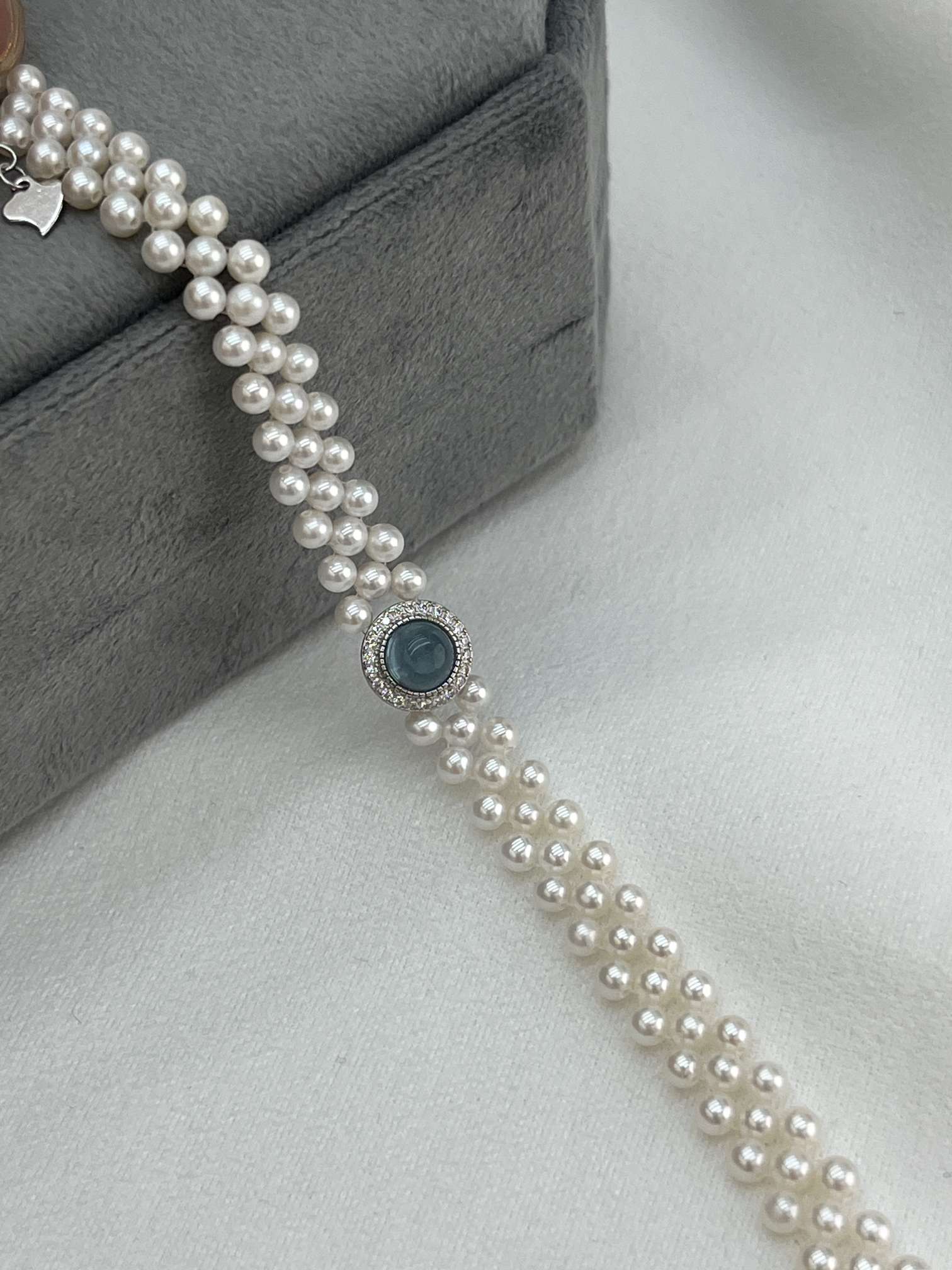 Silver Art Aquamarine high-end woven Pearl Necklace Bracelet Set, nearly round flawless round bead woven design, S925 sterling silver tail chain adjustable
