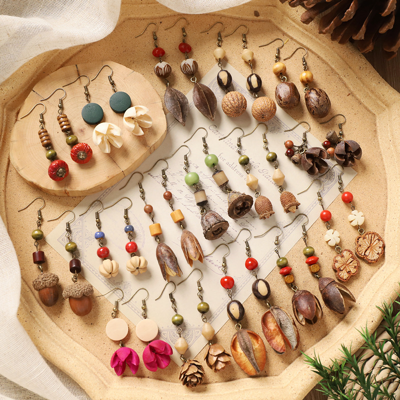 vintage handmade plant fruit earrings mori style pinecone artistic ethnic style chinese medicine dried fruit niche creative earrings female full figure