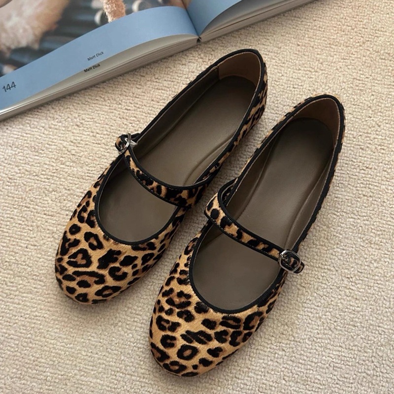 2025 autumn and winter new super soft bottom leopard print mary jane shoes women's ballet style flat buckle pumps gommino Item Picture