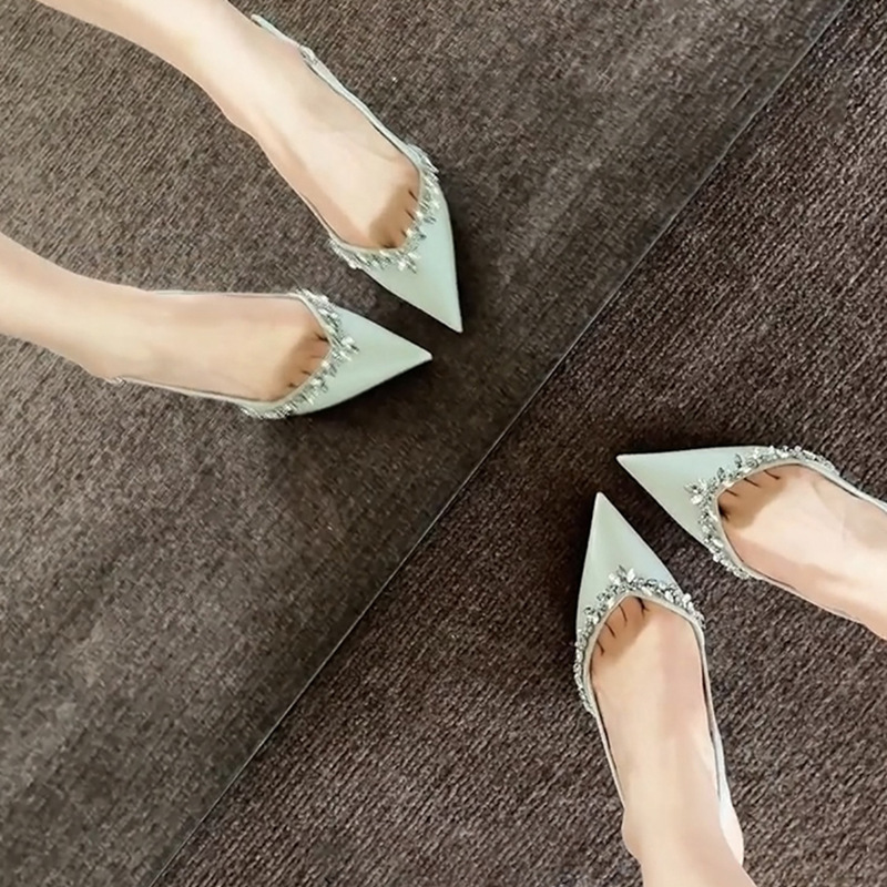 2025 new summer one strap nude color rhinestone high heel shoes sexy pointed temperament closed toe sandals women's stiletto heel Specification drawing