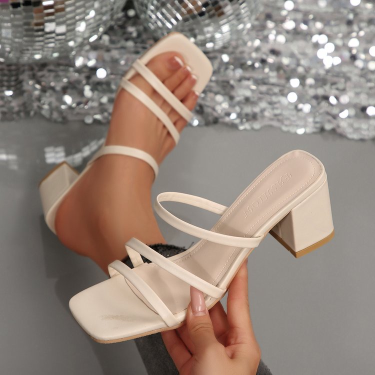 2025 new summer thin black band sandals fairy style mid heel slippers women's outer wear chunky heel ankle-strap women's shoes details Picture