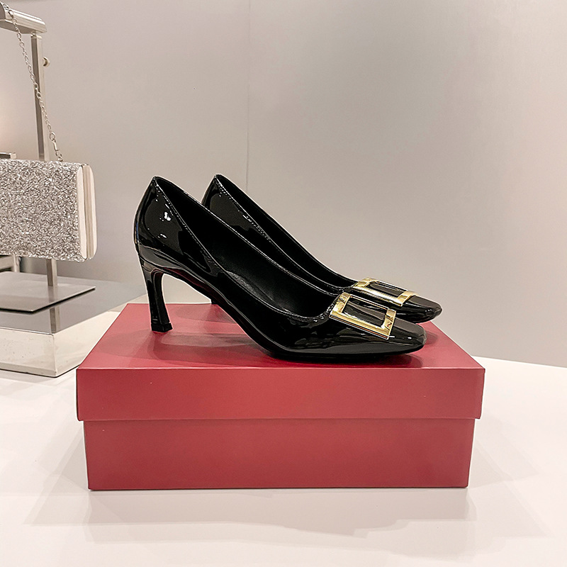 r flat shoes square buckle shoes chunky heel 2025 new spring and autumn high-grade high heel stiletto square toe french women's shoes undefined