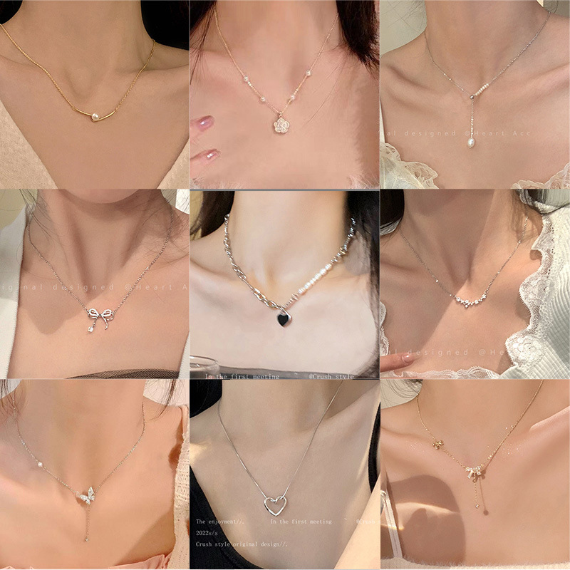 high-grade light luxury titanium steel necklace female niche design hot girl short pearl necklace fashionable and all-match accessories wholesale full figure