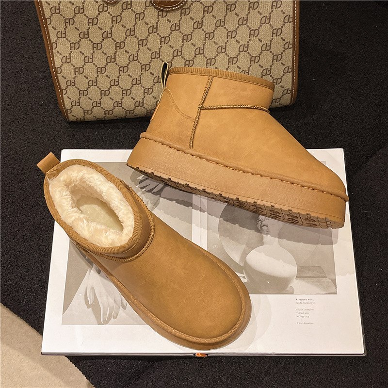 leather snow boots women's 2024 cotton-padded shoes winter fleece-lined thickened women's shoes waterproof platform fashion leather boots ankle boots Item Picture