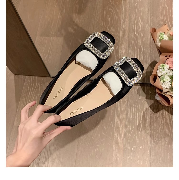 grape mom same style rhinestone low-cut french square head silver flat leather pumps women's 2025 spring and autumn new undefined