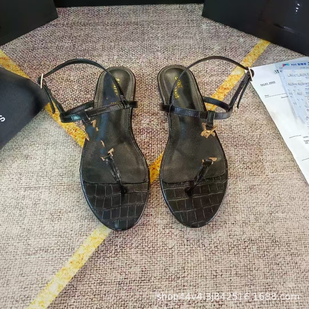 poplar linjia summer metal flip toe flat ankle-strap buckle sandals women's fashion round head hollow out flat bottom comfort Item Picture