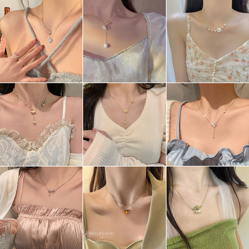 hot girl dignified pendant ornament wholesale niche ins style clavicle chain bow internet celebrity light luxury color-preserving necklace for women full figure