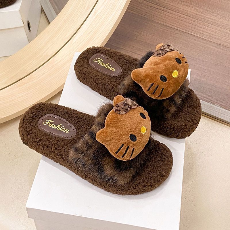 boken leopard print fluffy slippers women's outer wear 2025 new autumn and winter drooping feeling soft bottom high-grade feeling plush cotton slippers Specification drawing