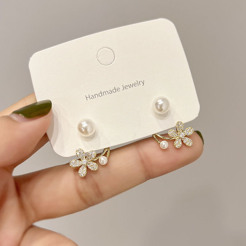 sterling silver needle pearl flower earrings women's niche unique light luxury high-grade earrings mosquito coil ear clip earrings details Picture