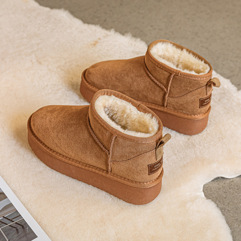 winter new snow boots flat bottom short boots northeast cotton padded shoes men's fleece-lined thickened waterproof warm genuine leather snow boots women undefined
