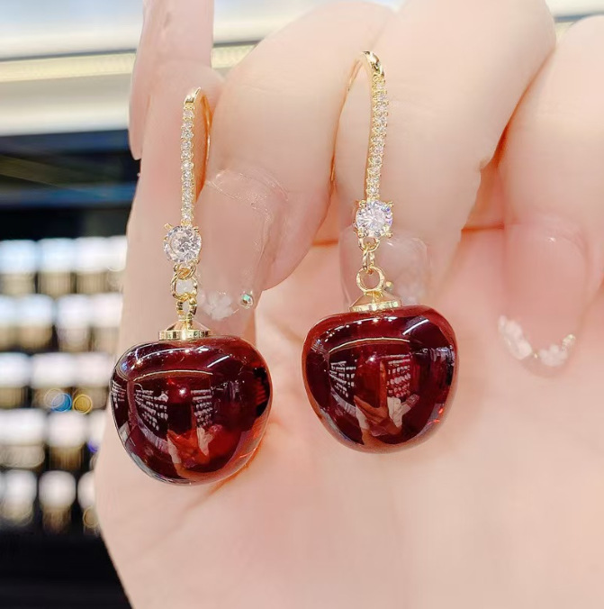 earrings 925 silver needle high-grade earrings cherry fruit cherry earrings personality cherry pendant long earrings full figure