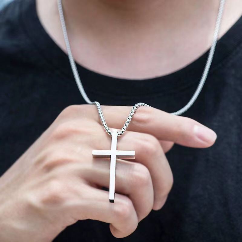 cross-border european and american new titanium steel cross necklace men's fashionable all-matching stainless steel cross pendant sweater chain accessories details Picture