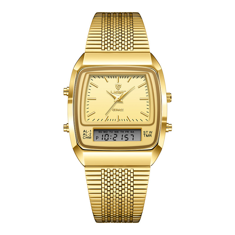 foreign trade watch wholesale liebig fashion men's solid steel strap watch double display double inserts quartz electronic watch Specification drawing