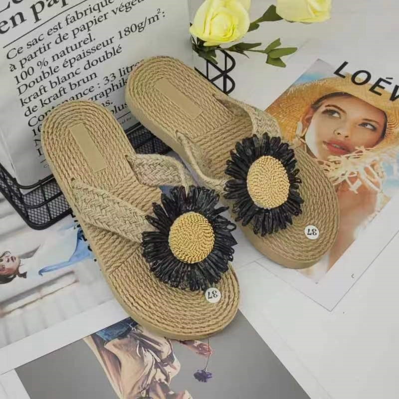 ethnic style imitation straw travel hemp bottom women's sandals tide outdoor flip-flops stylish beach flower flip-flops women's slippers undefined