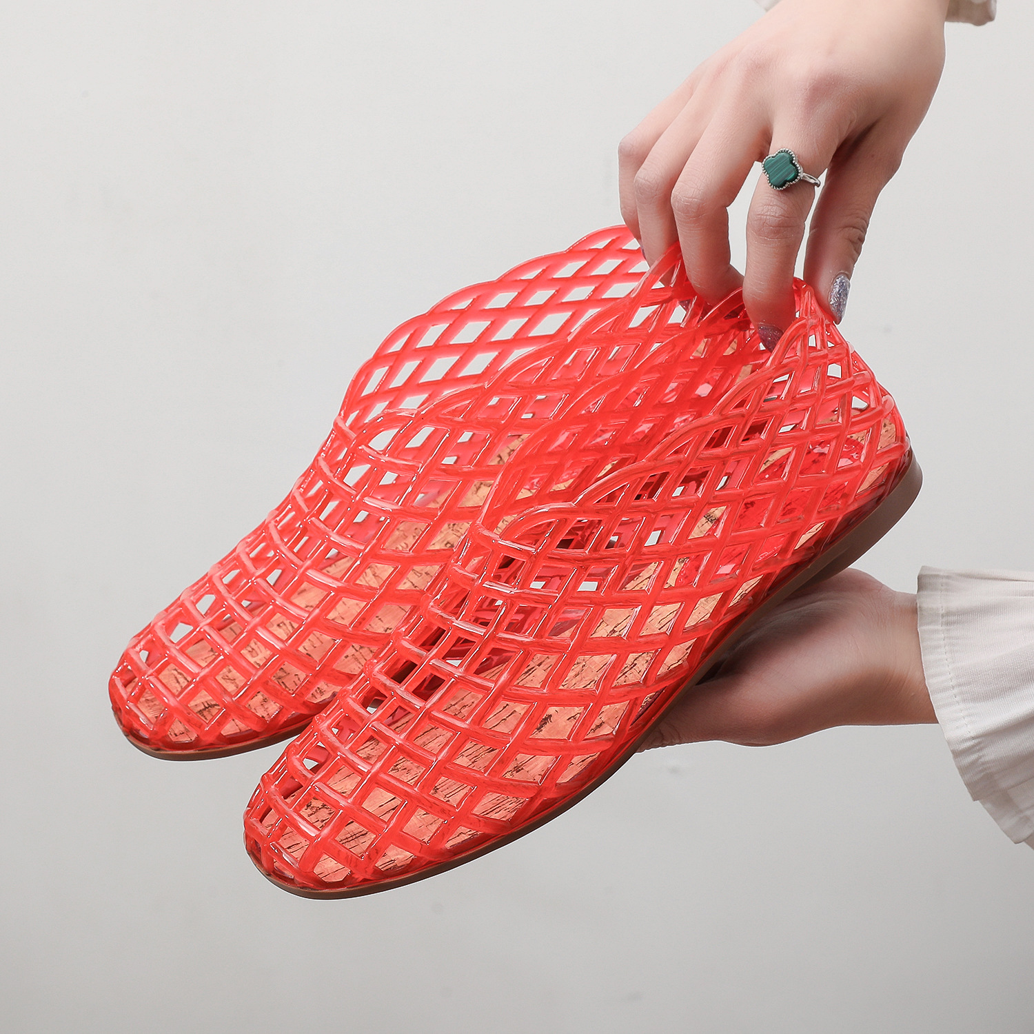 flat pumps mesh women's breathable shoes cross-border foreign trade sandals korean style hollowed toe box crystal gel shoes full figure