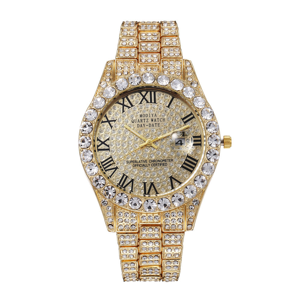 net red watch men's high-grade diamond cross-border steel belt fashion rhinestone calendar quartz watch starry men's watch Item Picture