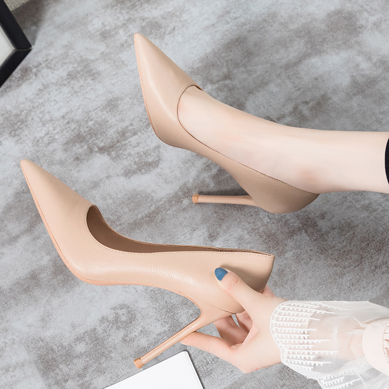 litchi pattern high heel pointed toe shoes women's korean-style elegant sheepskin bottom high heels slip-on solid color stiletto women's shoes undefined