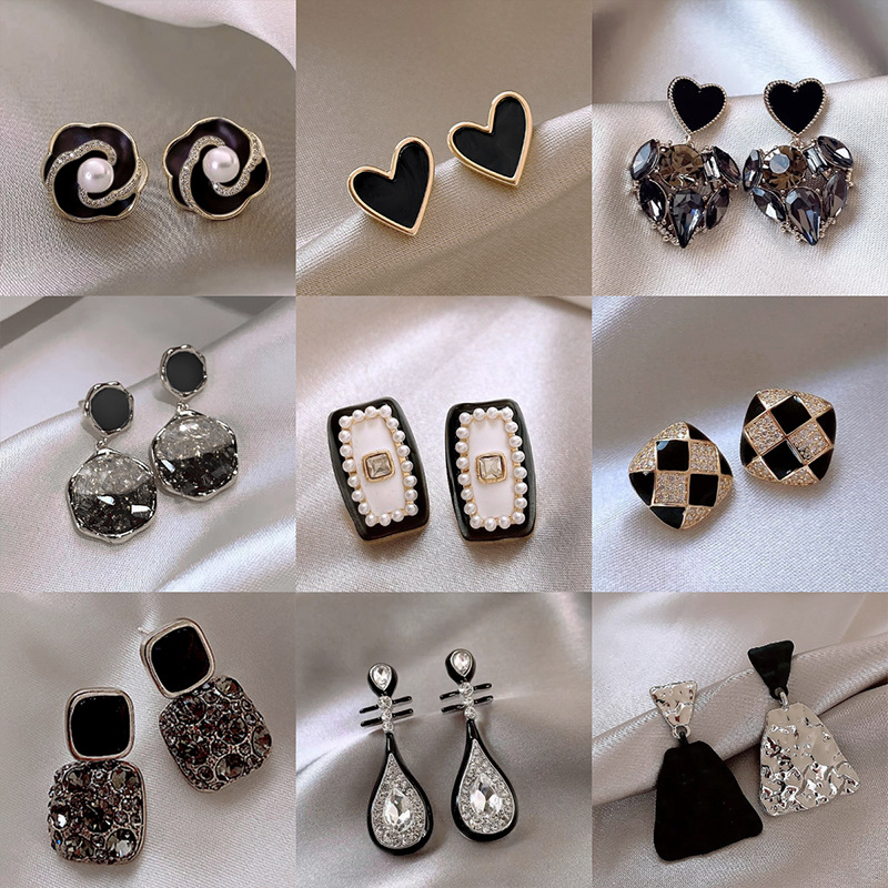 silver needle fashion high-grade diamond-embedded black earrings minority all-match temperamental earrings light luxury high quality earrings wholesale full figure