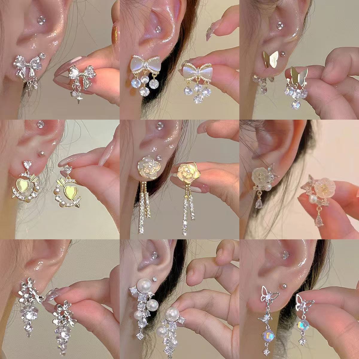 S925 Silver Needle elegant diamond-encrusted tassel flower earrings, women's light luxury high-end long earrings, bestseller earrings for autumn and winter Specification drawing