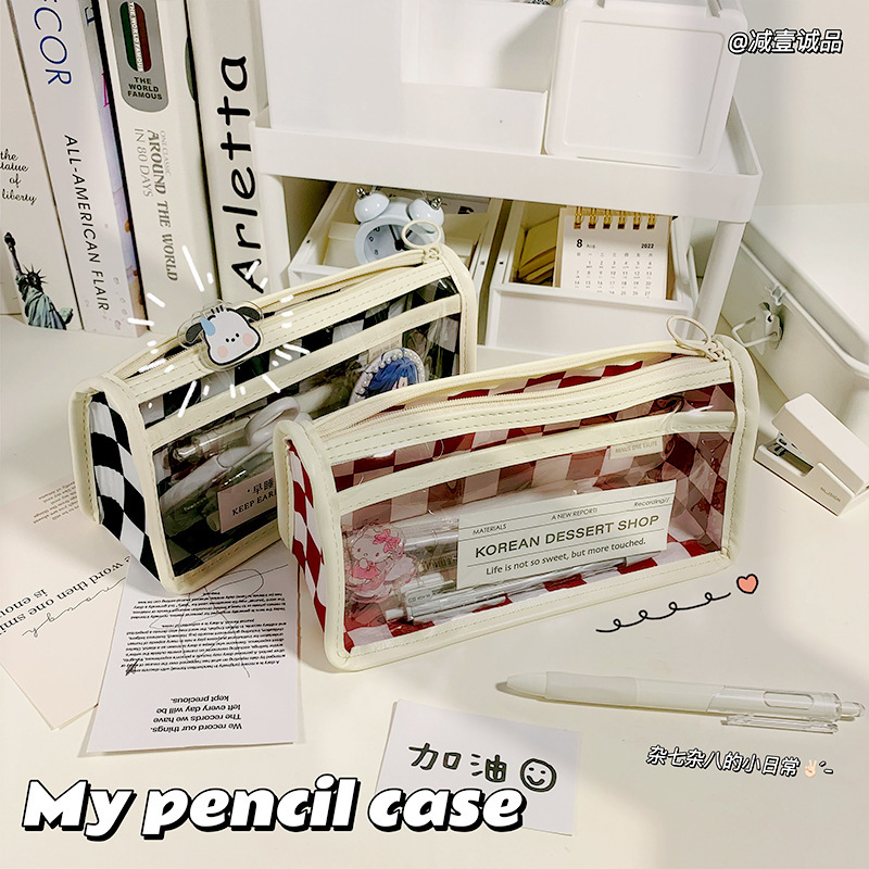 transparent chessboard grid pencil case stationery case good-looking large capacity simple 61 small gift student stationery bag stationery case japanese style details Picture