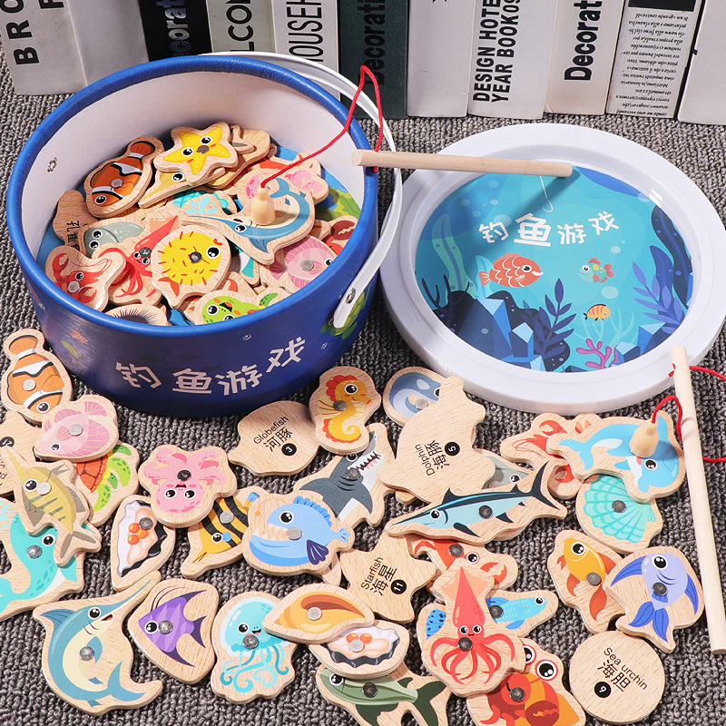 wooden barrel marine fishing toys children's early education educational cognition fun magnetic marine fish parent-child game details Picture