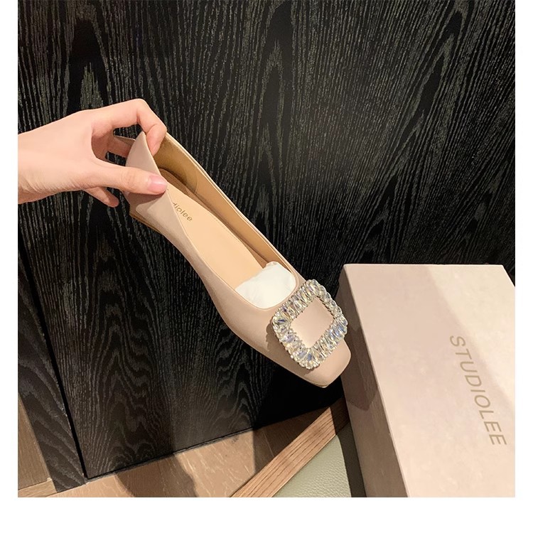 grape mom same style rhinestone low-cut french square head silver flat leather pumps women's 2025 spring and autumn new undefined