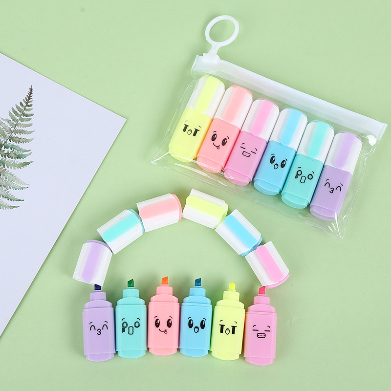 h138 cute student supplies fluorescent pen 6-color bag single-head tianhao cartoon fluorescent pen stationery set details Picture