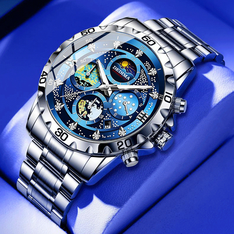 high-end fashion men's four-eye six-pin multi-functional sports luminous sun moon star 24-hour chronograph function watch details Picture