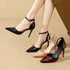 2025 summer and autumn patent leather pointed toe closed toe sandals women's fashion comfortable buckle strap tight hollow pumps full figure