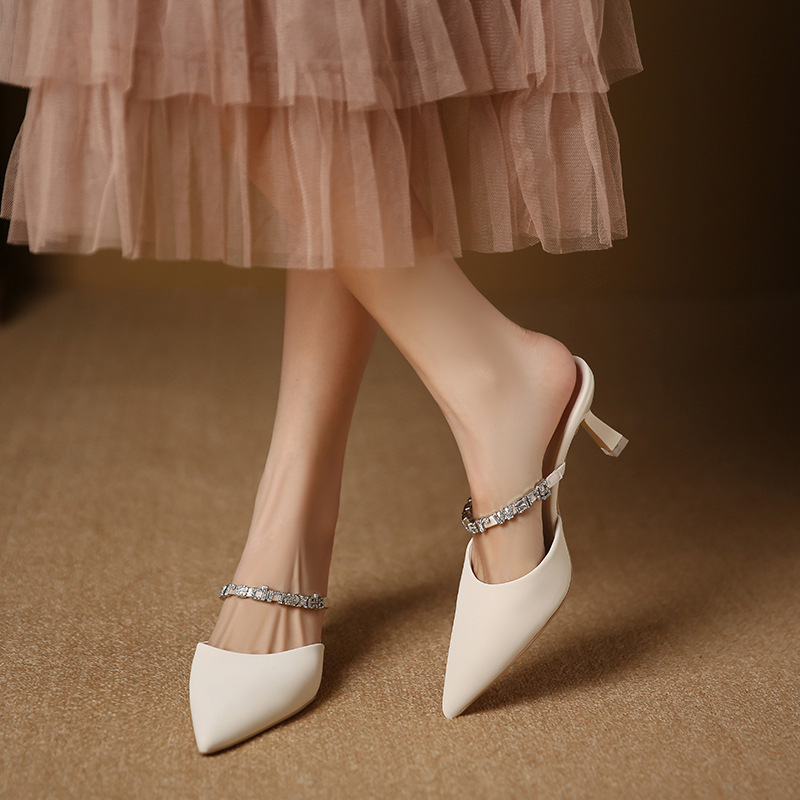 699-19 toe cap semi slipper women's sandals 2023 new dignified rhinestone outdoor high heels pointed toe stiletto heel shoes details Picture