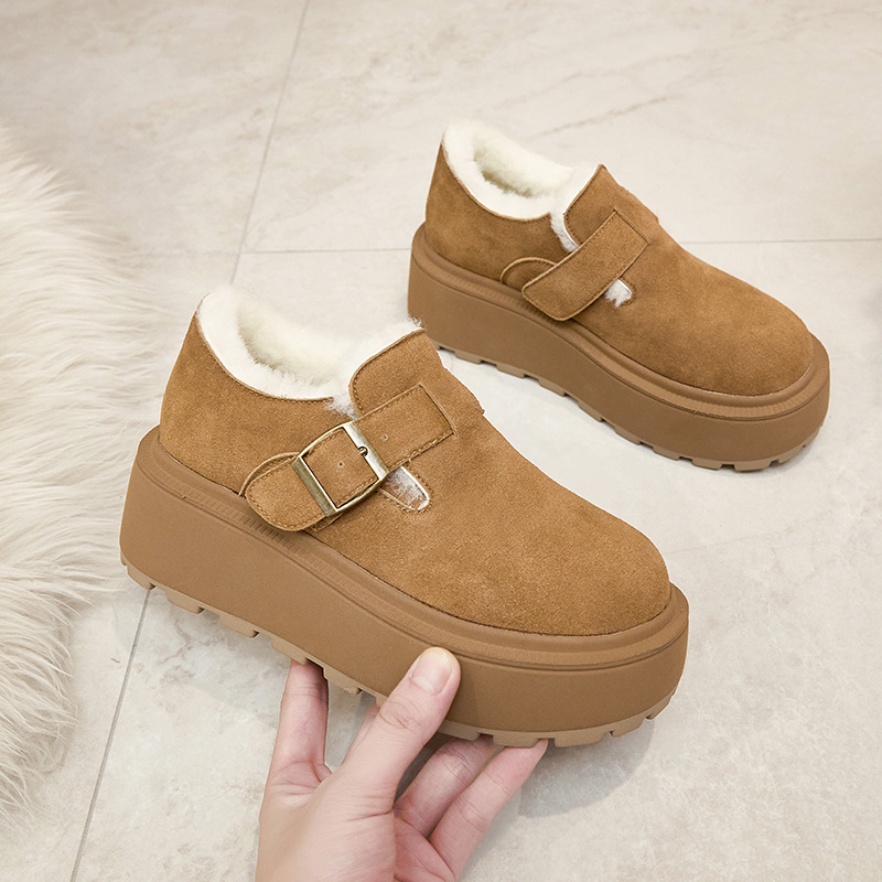 small size genuine leather thick bottom birkenstock women's 2025 autumn and winter new height-increasing beanie shoes plus velvet keep warm outerwear fluffy shoes full figure
