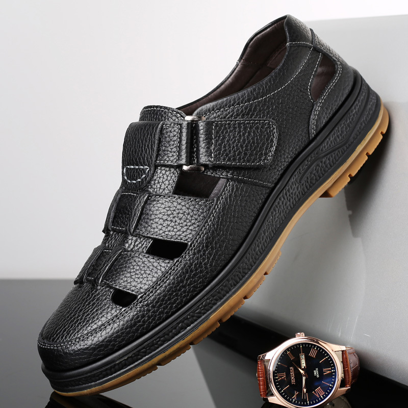 2025 summer genuine leather breathable hollowed leisure sandals men's simple comfortable soft leather hole leather sandals one piece dropshipping details Picture