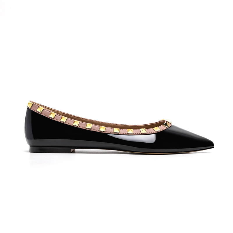nude pointed toe pumps women's 2024 spring shallow mouth patent leather all-match european and american soft bottom boat shoes flat rivet shoes commuter undefined