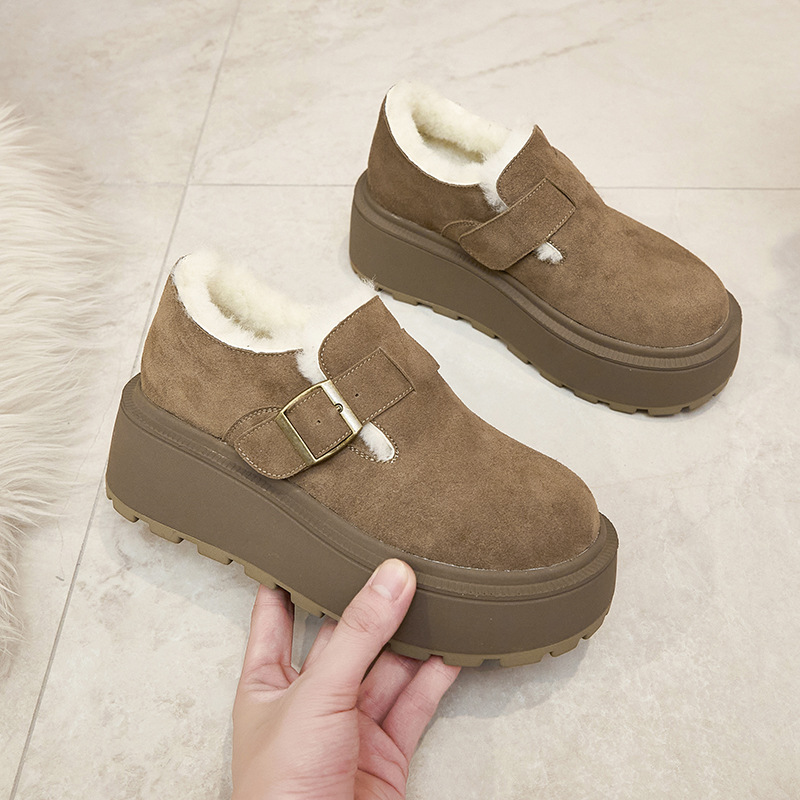 small size genuine leather thick bottom birkenstock women's 2025 autumn and winter new height-increasing beanie shoes plus velvet keep warm outerwear fluffy shoes Item Picture