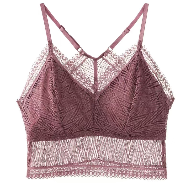 Wholesale of women's lace deep V-shaped sexy halter strapless high-elasticity high-quality back-fitting women's vests without steel rings, yoga bras and sports bras details Picture