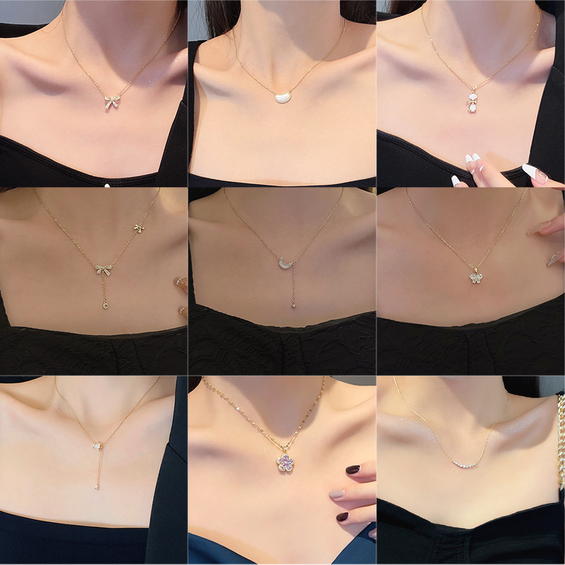 korean style ins style titanium steel necklace girls' high-grade versatile niche short pearl necklace pendant ornament wholesale details Picture