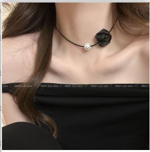 Rose pearl choker black collar collarbone chain, niche high-end necklace and neck strap, small chanel-style necklace accessory for women, rose pearl choker black collar collarbone chain, niche high-end necklace and neck strap, small style detail image 6